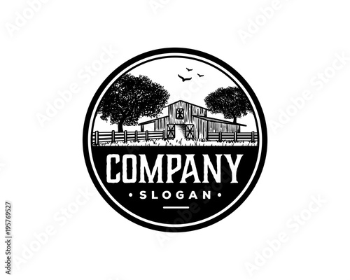Barn with Oak tree and Flying Birds Hand Drawing Symbol Farm Logo Vintage Circle Vector