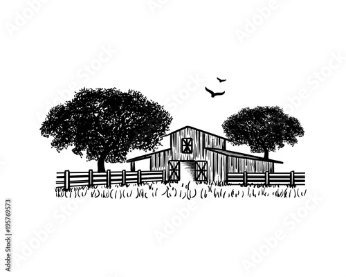 Barn with Oak tree and Flying Birds Hand Drawing Symbol Farm Logo Vector