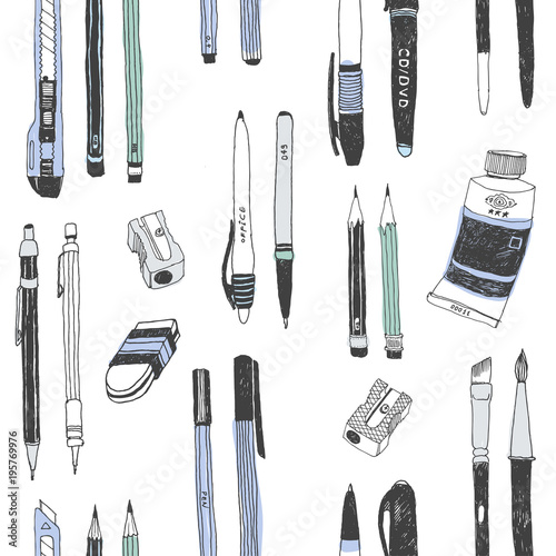 Hand drawn stationery seamless pattern