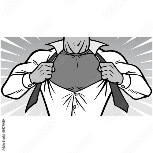 Superhero Chest Illustration - A vector cartoon illustration of a Superhero ripping shirt off concept.