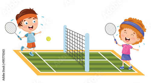 Vector Illustration Of Kids Playing Tennis