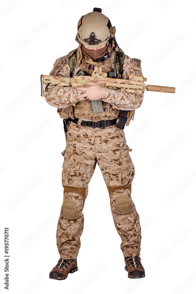 Special forces soldier with rifle on white background. army, military and people concept Special forces soldier with rifle on white background. army, military and people concept
