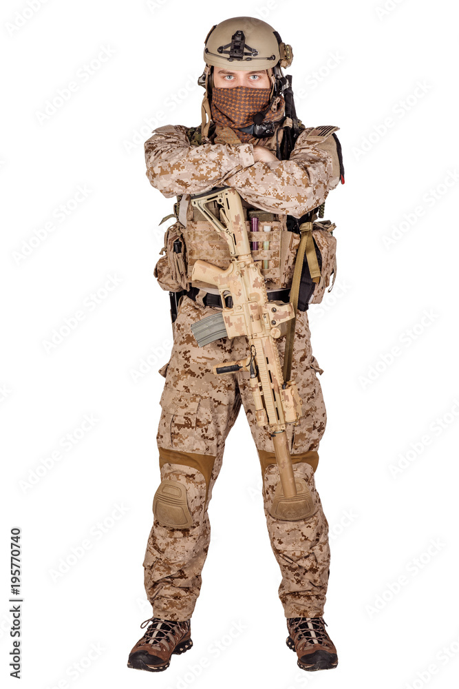 Special forces soldier with rifle on white background. army, military and people concept Special forces soldier with rifle on white background. army, military and people concept