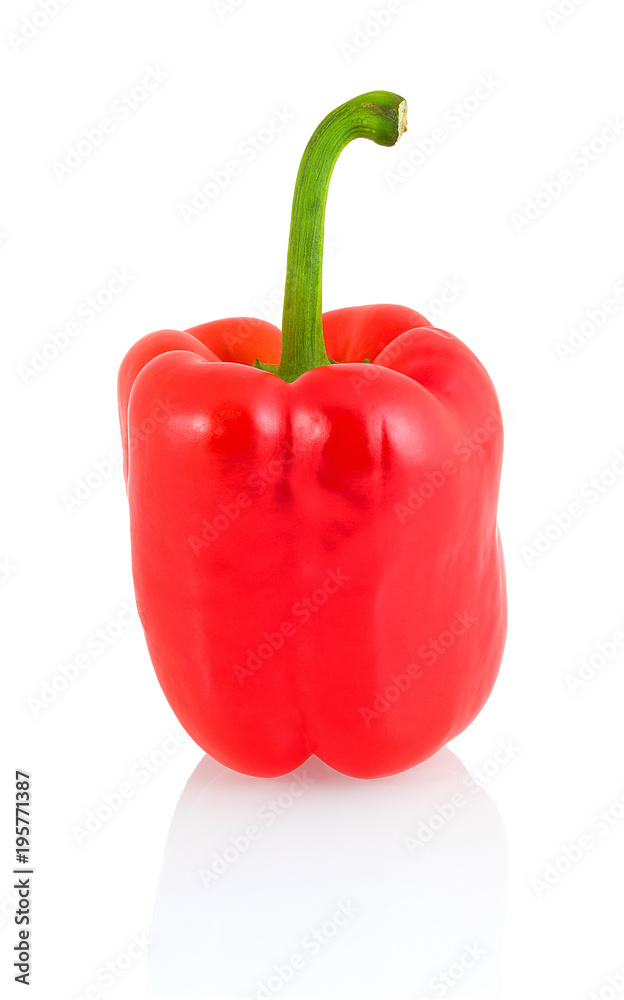Sweet red bell pepper with green stem isolated on white background with shadow reflection. Red sweet pepper. Sweet red bell pepper with green stem isolated on white background with shadow reflection. Red sweet pepper.