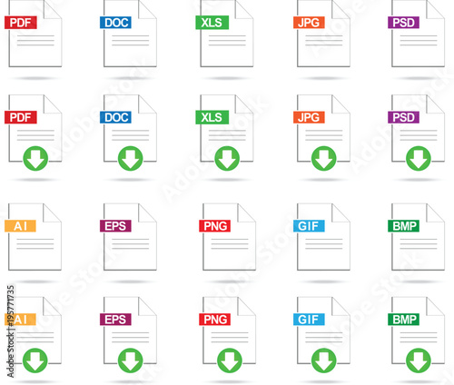 Document File Icon and Document File Download Icon Set, Vector Illustration