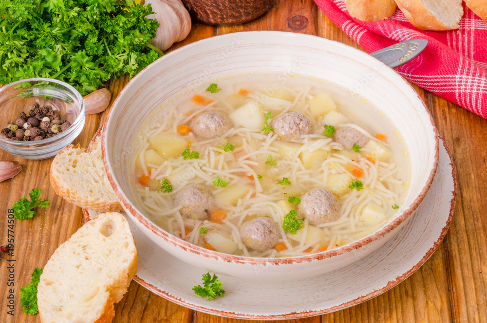 Chicken soup with meatballs and noodles Chicken soup with meatballs and noodles