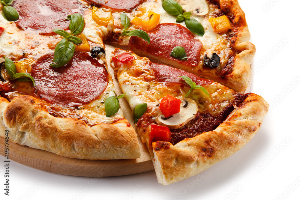 Pizza pepperoni with salami, mushrooms and olives Pizza pepperoni with salami, mushrooms and olives