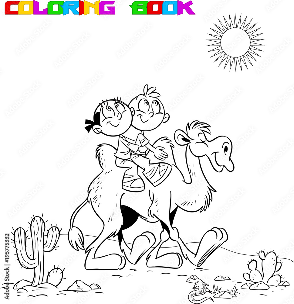 The illustration shows boy and a girl riding on an amusing camel, against the backdrop of a desert landscape. The illustration is executed by a black outline, intended for the coloring book The illustration shows boy and a girl riding on an amusing camel, against the backdrop of a desert landscape. The illustration is executed by a black outline, intended for the coloring book