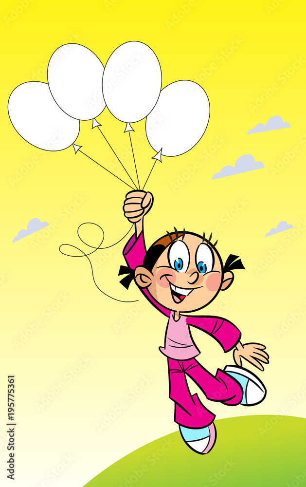 The illustration shows a funny cartoon girl with balloons in her hands. The illustration shows a funny cartoon girl with balloons in her hands.