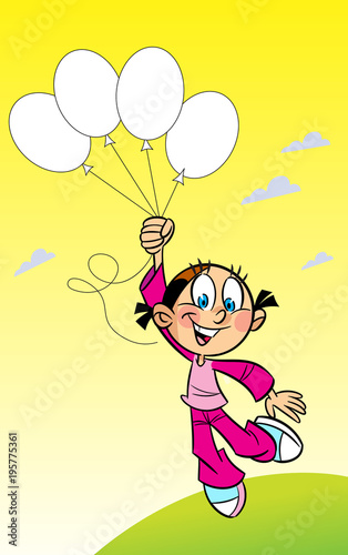 The illustration shows a funny cartoon girl with balloons in her hands.