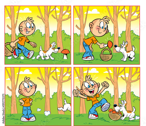 The illustration shows a cartoon boy with a dog that collects mushrooms in the forest. The illustration is made in style comic