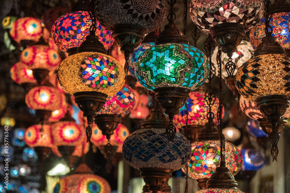 
Traditional Turkish lanterns made from colorful glass pieces hanging in the Bazaar
