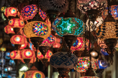   Traditional Turkish lanterns made from colorful glass pieces hanging in the Bazaar   © Neeqolah