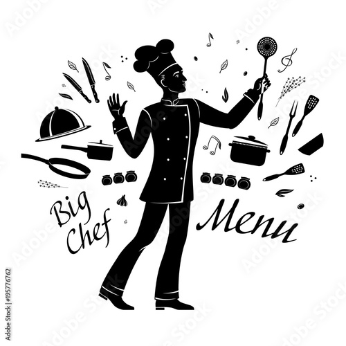 A silhouette cartoon drawing chef inspirationally conducts cooking utensils and spices, like a kapellmeister with a musical orchestra. Black vector illustration, isolated on background.