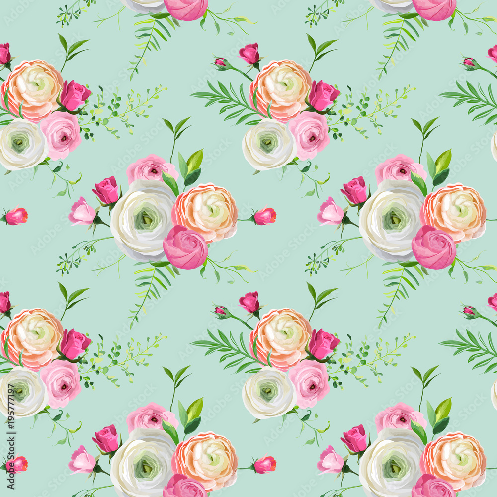 Floral Seamless Pattern with Pink Roses and Ranunculus Flowers. Botanical Background for Fabric Textile, Wallpaper and Decor. Vector illustration