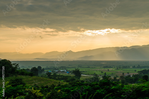 landscape with dramatic sky during sunset. The mountains in Myanmar  Inle lake