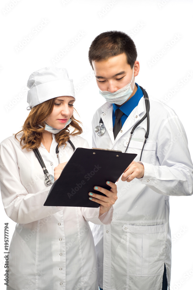 Two doctors discussing results of the analysis ( isolated on white background) Two doctors discussing results of the analysis ( isolated on white background)