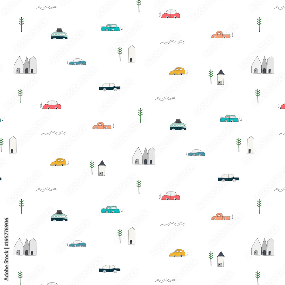 Pattern With Abstract Home Car And Tree Design Elements. Handmade Vector Illustration Background.