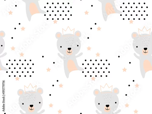 Tapeta Wzór z księżniczką słodki Miś w koronie. Kreatywna dziecinna tekstura. Idealne do tkanin, ilustracji wektorowych włókienniczych. Idealny do tapet, wypełnień deseniem, tła strony internetowej, tekstur powierzchni