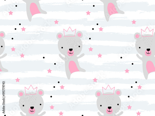 Seamless pattern with cute bear princess in crown. Creative childish texture. Great for fabric, textile Vector Illustration. Perfect for wallpaper, pattern fill, web page background, surface textures