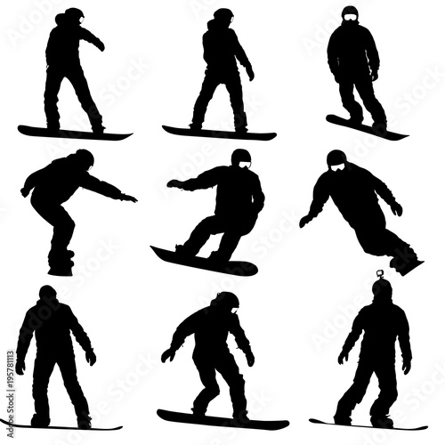 Set black silhouettes snowboarders on white background