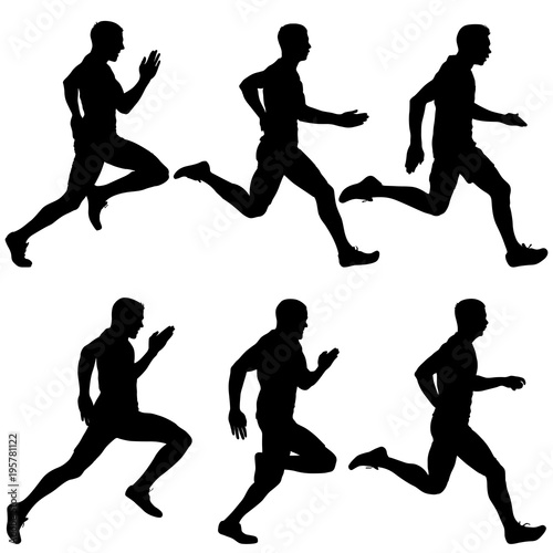 Set of silhouettes. Runners on sprint, men