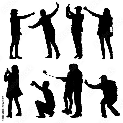 Set silhouettes man and woman taking selfie with smartphone on white background