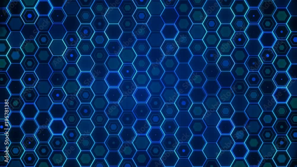 Randomly pulsating hexagonal grid revealed by circular light effect. Multi purpose video background. 4K UltraHD motion graphic animation.