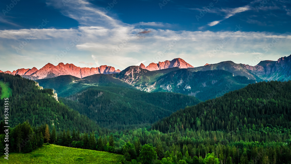 Red sunset in mountains in summer, Poland, Europe