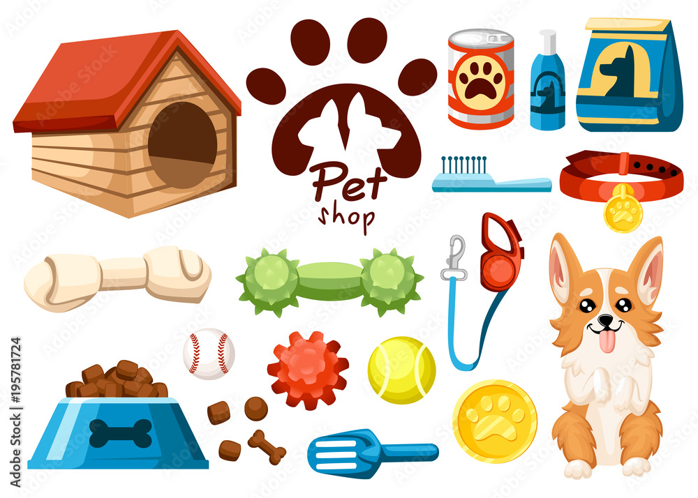 Set of pet shop icons. Accessories for dogs. Flat vector illustration.  Feed, toys, balls, collar. Products for the pet shop. Vector illustration  isolated on white background Stock Vector | Adobe Stock