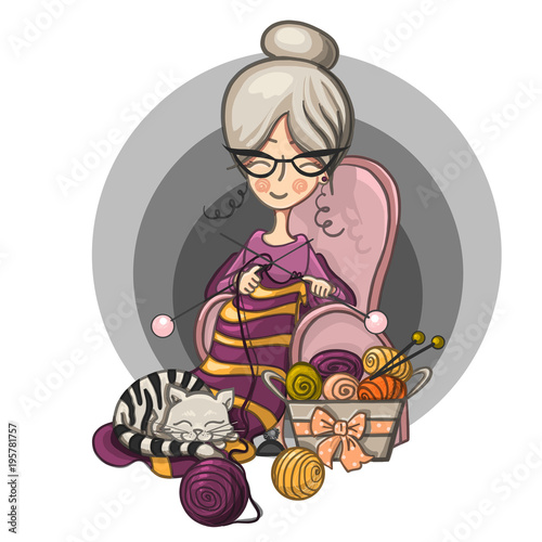 woman Granny sits in a Chair and knits knitting needles striped, cat sleeps on her knitting around the scattered balls, cartoon cute smiling character
