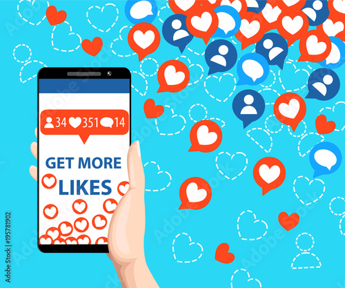 Get more likes. Smartphone pulling like. SEO concept. Hand holding smartphone. Design elements for social network,marketing. Vector illustration isolated on blue background
