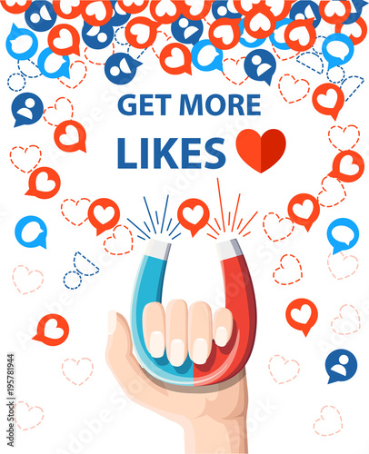 Get more likes. Hand hold horseshoe magnet pulling or get many likes. SEO concept. Vector illustration isolated on white background. Web site page and mobile app design