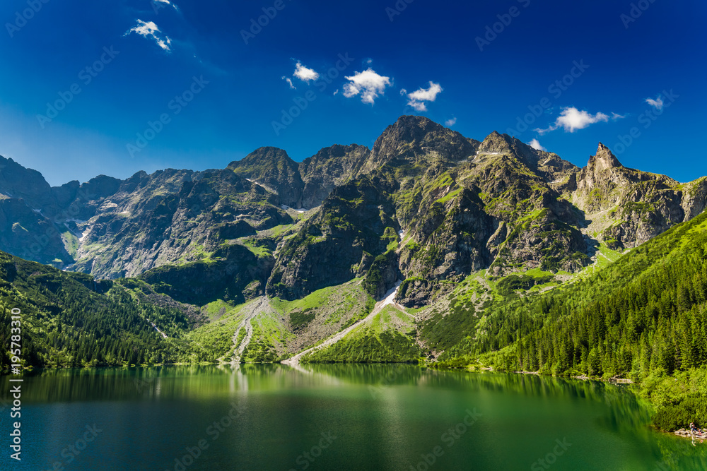 Famous big pond in the Tatra mountains at sunrise, Poland
