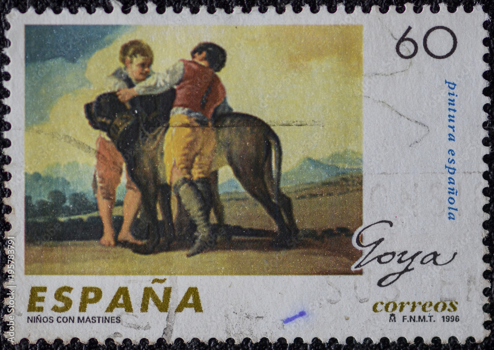 Goya postage stamp. Boys with Mastiffs
