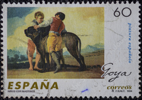 Obraz na płótnie Goya postage stamp. Boys with Mastiffs w salonie