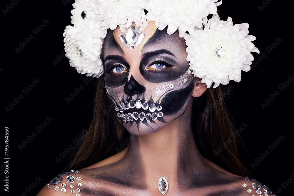 Professional make-up with flowers. Make up for Halloween. Professional make-up with flowers. Make up for Halloween.