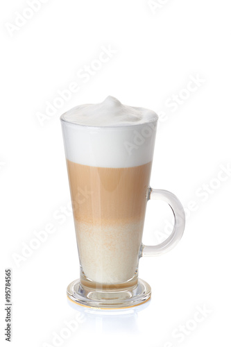 Leinwand Poster Glass cup of coffee latte on white