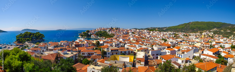 Panoramic view of the Skiathos City, Skiathos Island, Greece