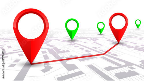 Red GPS navigator pointer on city map, from place to place – for stock