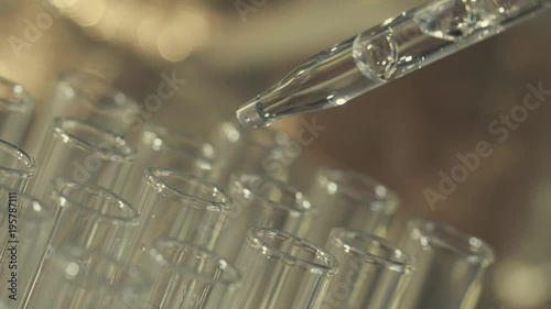 laboratory scientist working with a pipette analyzes and extract the DNA or molecules in the test tubes.on blue background