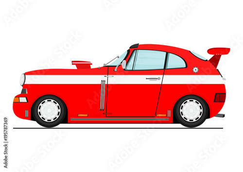 Cartoon red sports car. Side view. Flat vector.