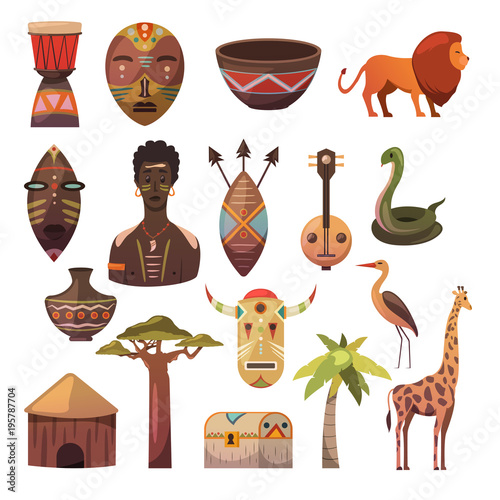 Africa. African images. Vector icons. Giraffe, mask, man, snake, vase, lion, house, palm, baobab