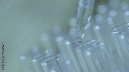 laboratory scientist working with a pipette analyzes and extract the DNA or molecules in the test tubes.on blue background