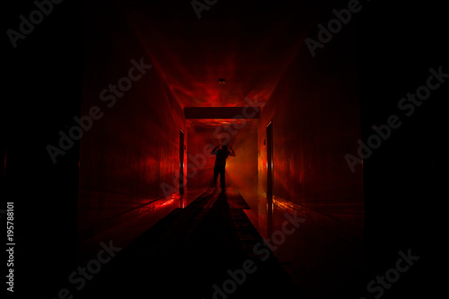 Vászonkép Creepy silhouette in the dark abandoned building