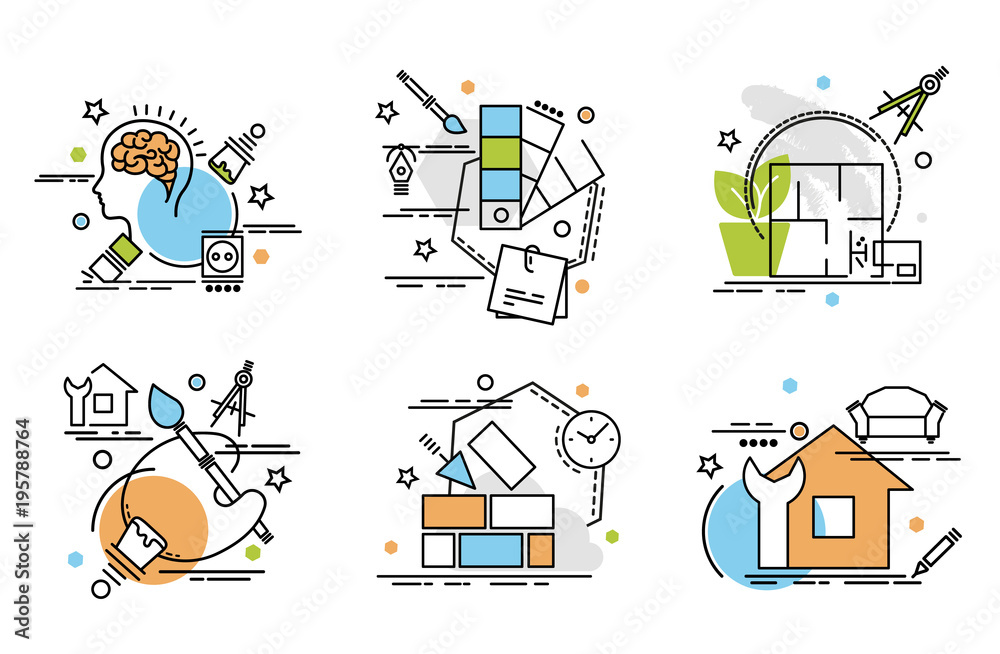 Set of outline icons of Interior Design..Colorful icons for website ...