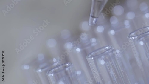 laboratory scientist working with a pipette analyzes and extract the DNA or molecules in the test tubes.on blue background