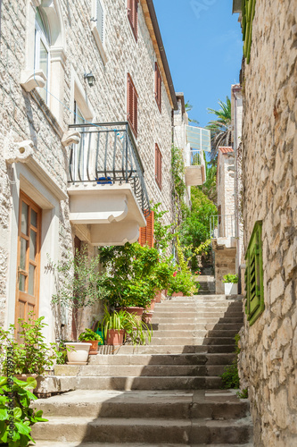 Hvar, Croatia. Marble stairs in residential part of old town.