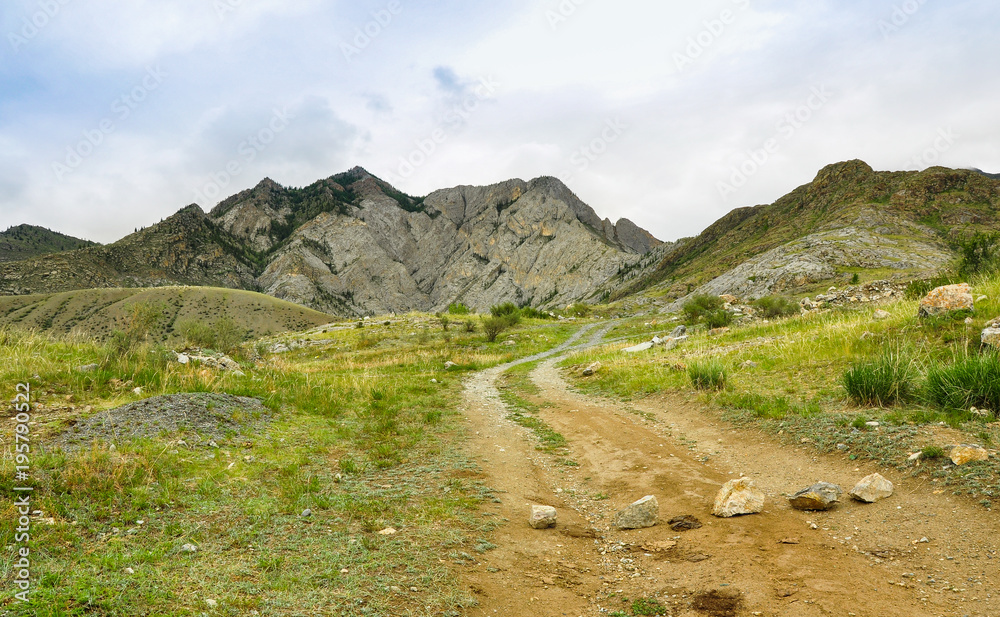 Rocky mountain road landscape. Altai, Siberia, Russia