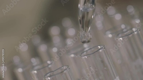 laboratory scientist working with a pipette analyzes and extract the DNA or molecules in the test tubes.on blue background